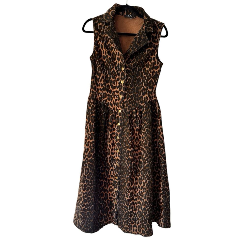 NWOT Lulus Levon Brown Leopard Print Denim Button Front Midi Dress Size Small - Picture 4 of 9